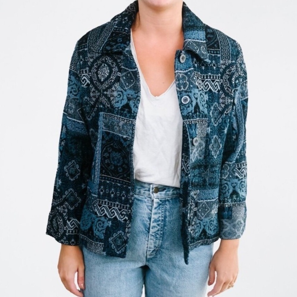 Appleseed's Petites Blue Patchwork Tapestry Button Front Jacket Womens PL‎